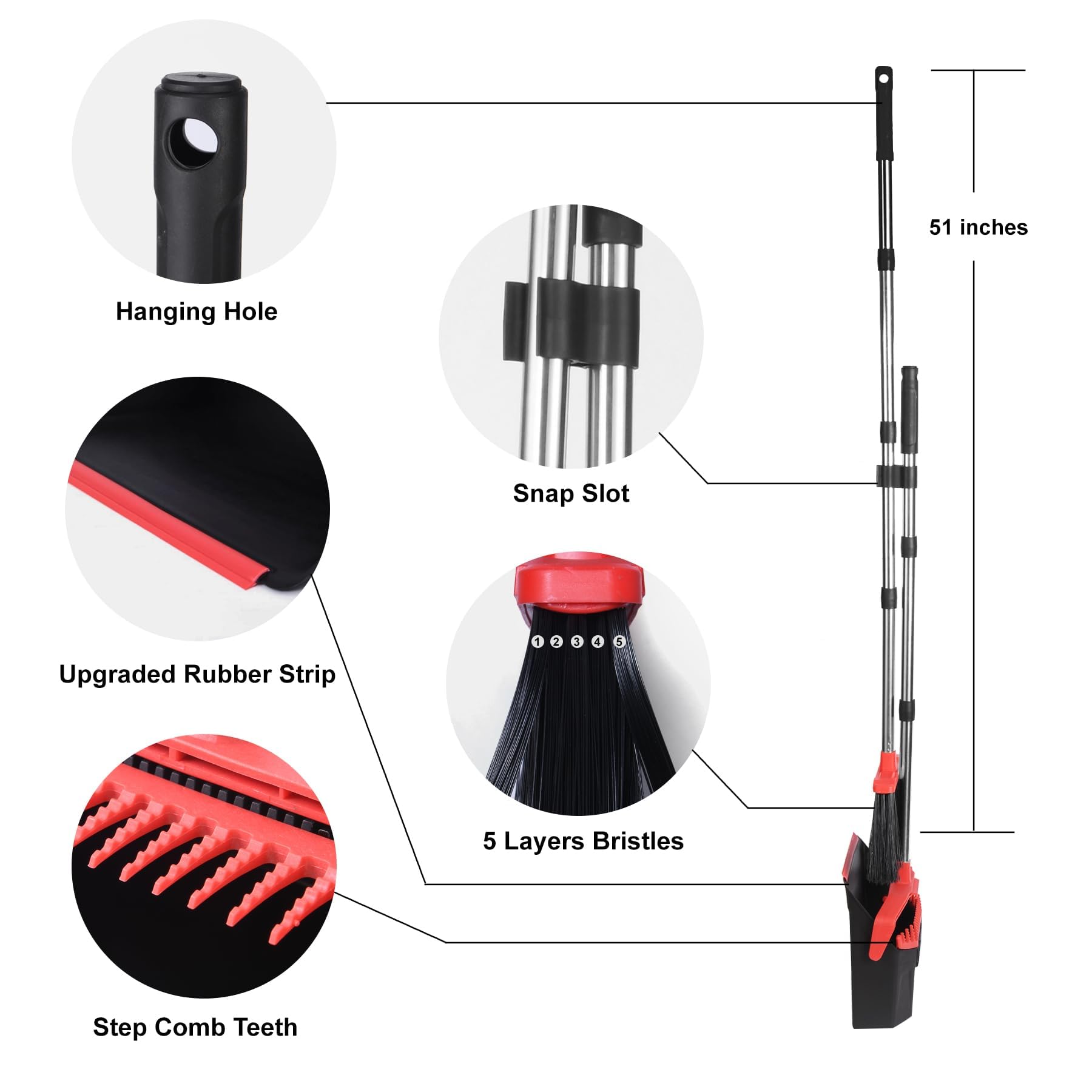 Handle, bristle, and dustpan details.