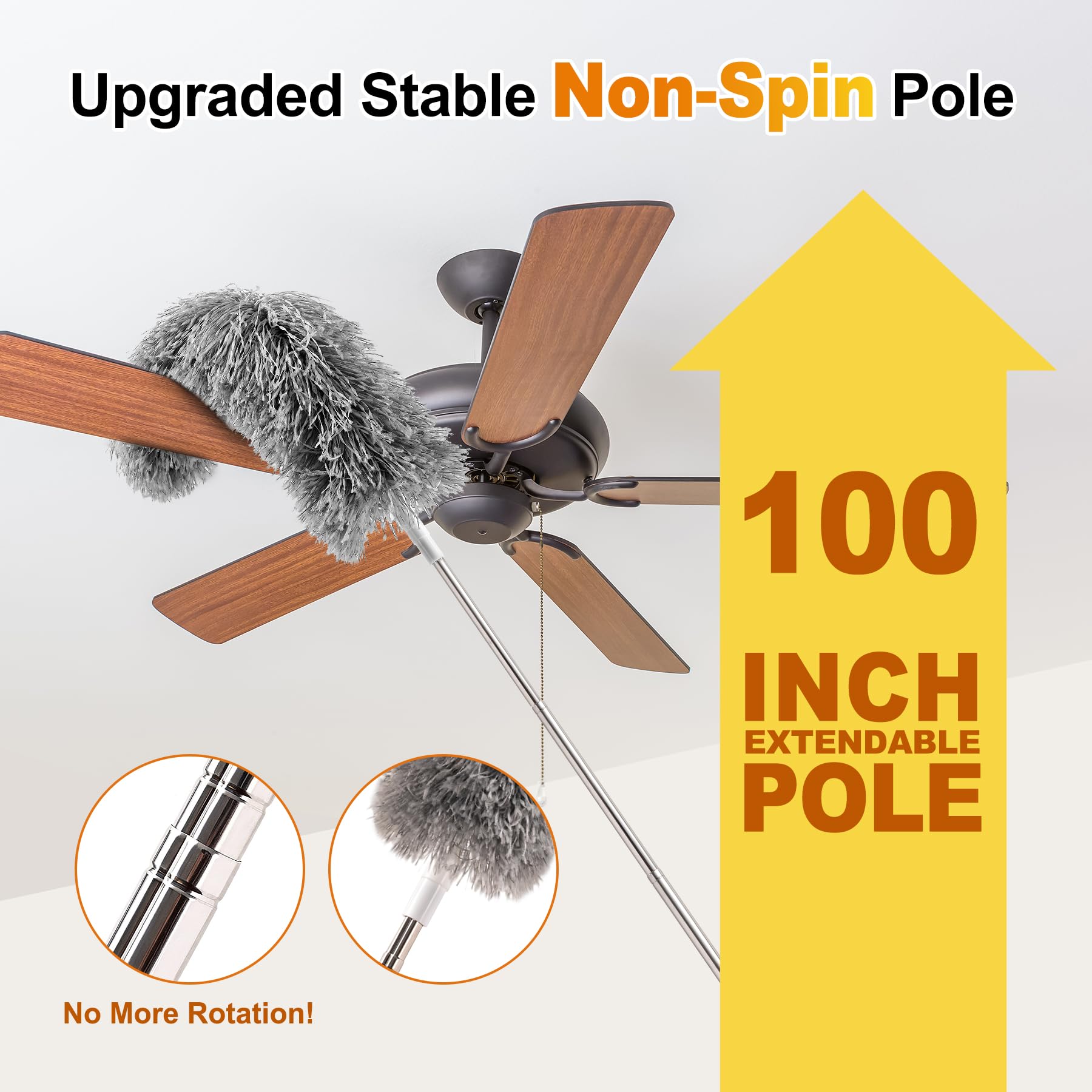 An extendable pole helps reach high surfaces.
