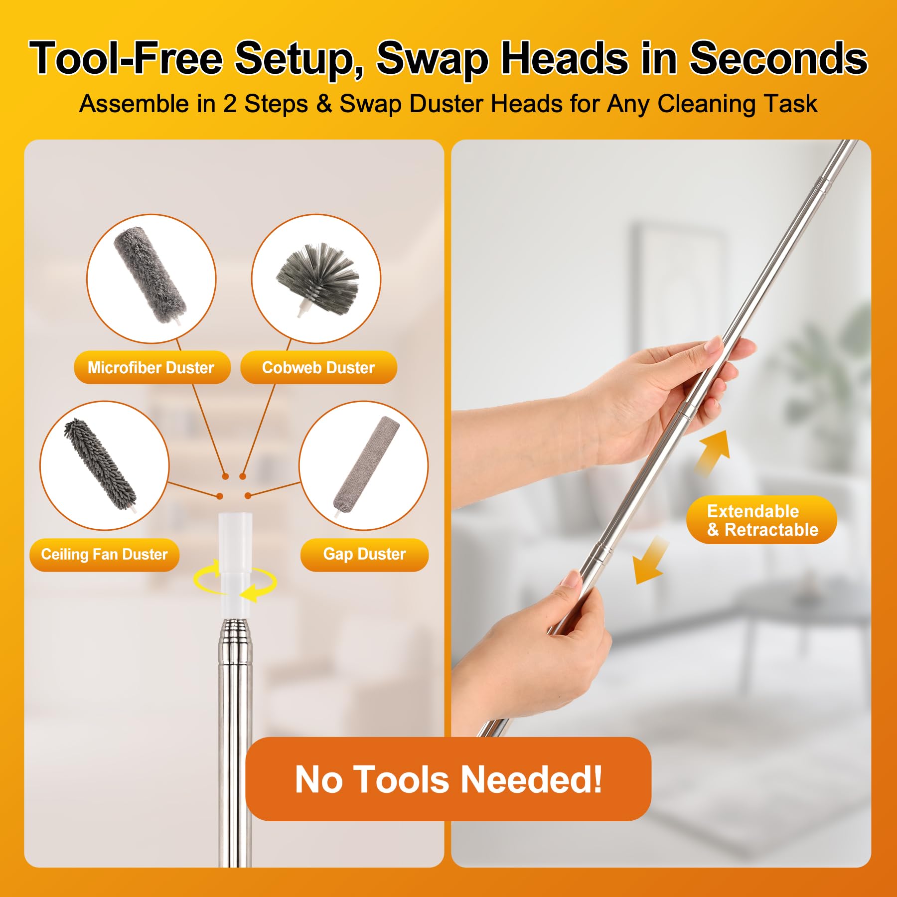 Interchangeable heads attach to the extendable handle.